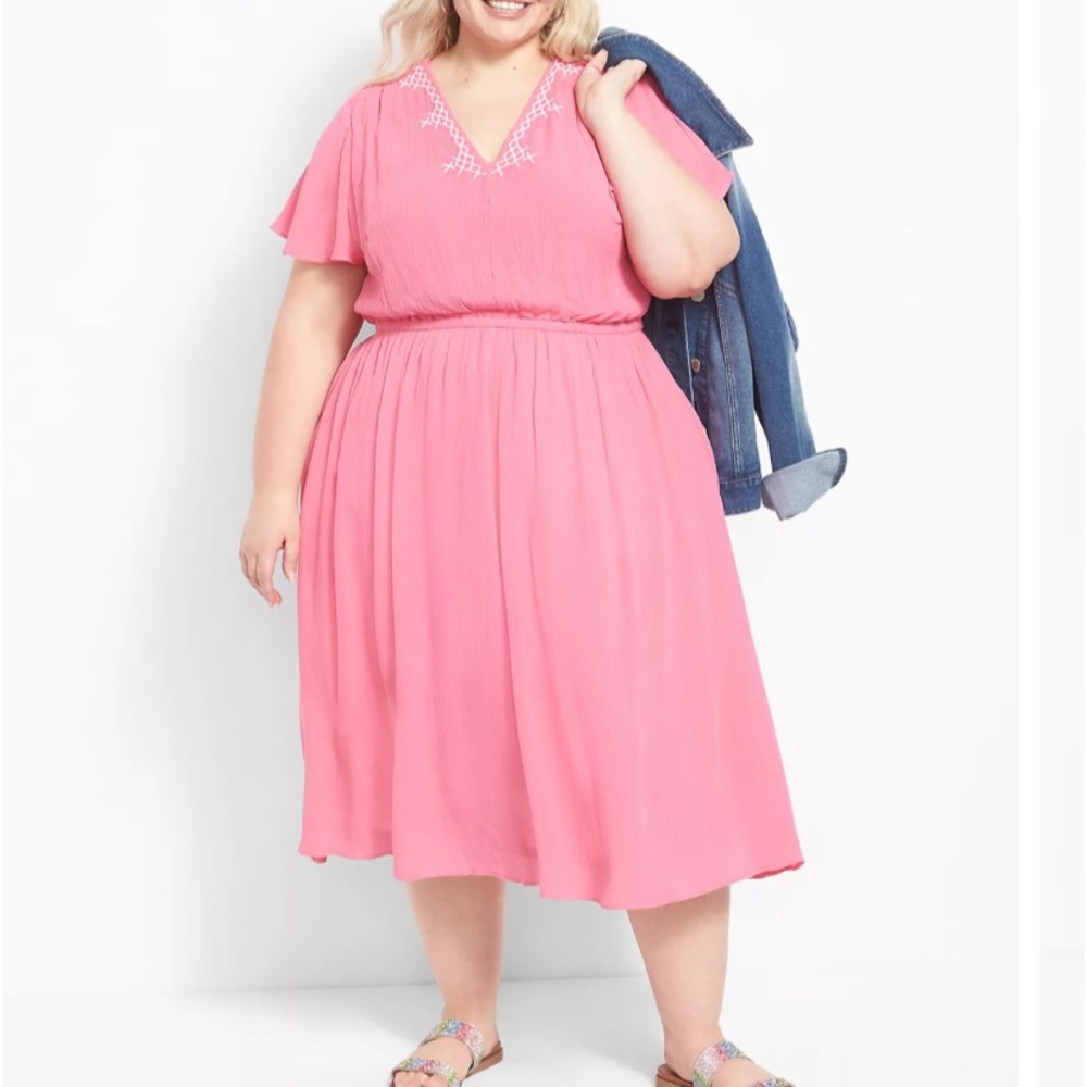 Flutter-Sleeve V-Neck Embroidered Midi Dress